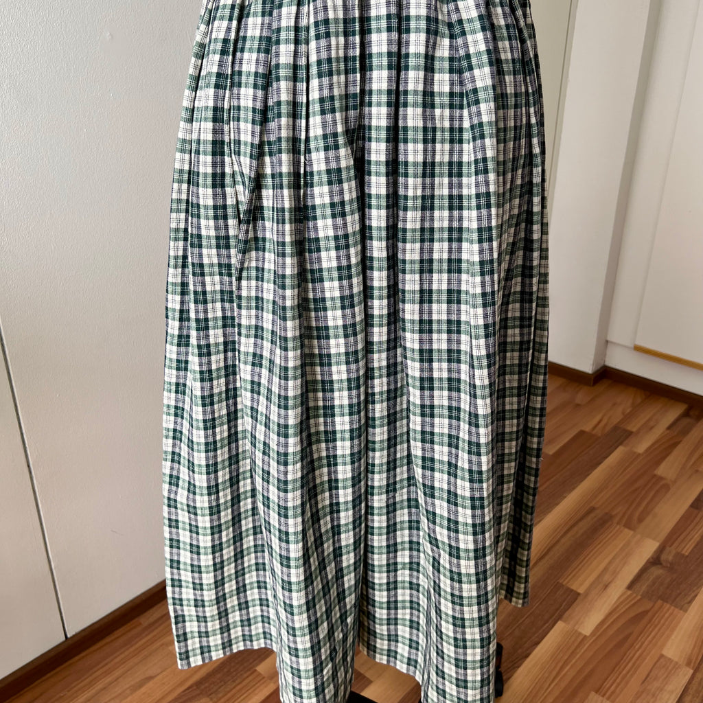 Vintage Green Plaid Cotton Trachten Dress-German Folk Checkered Midi Dress with Pockets