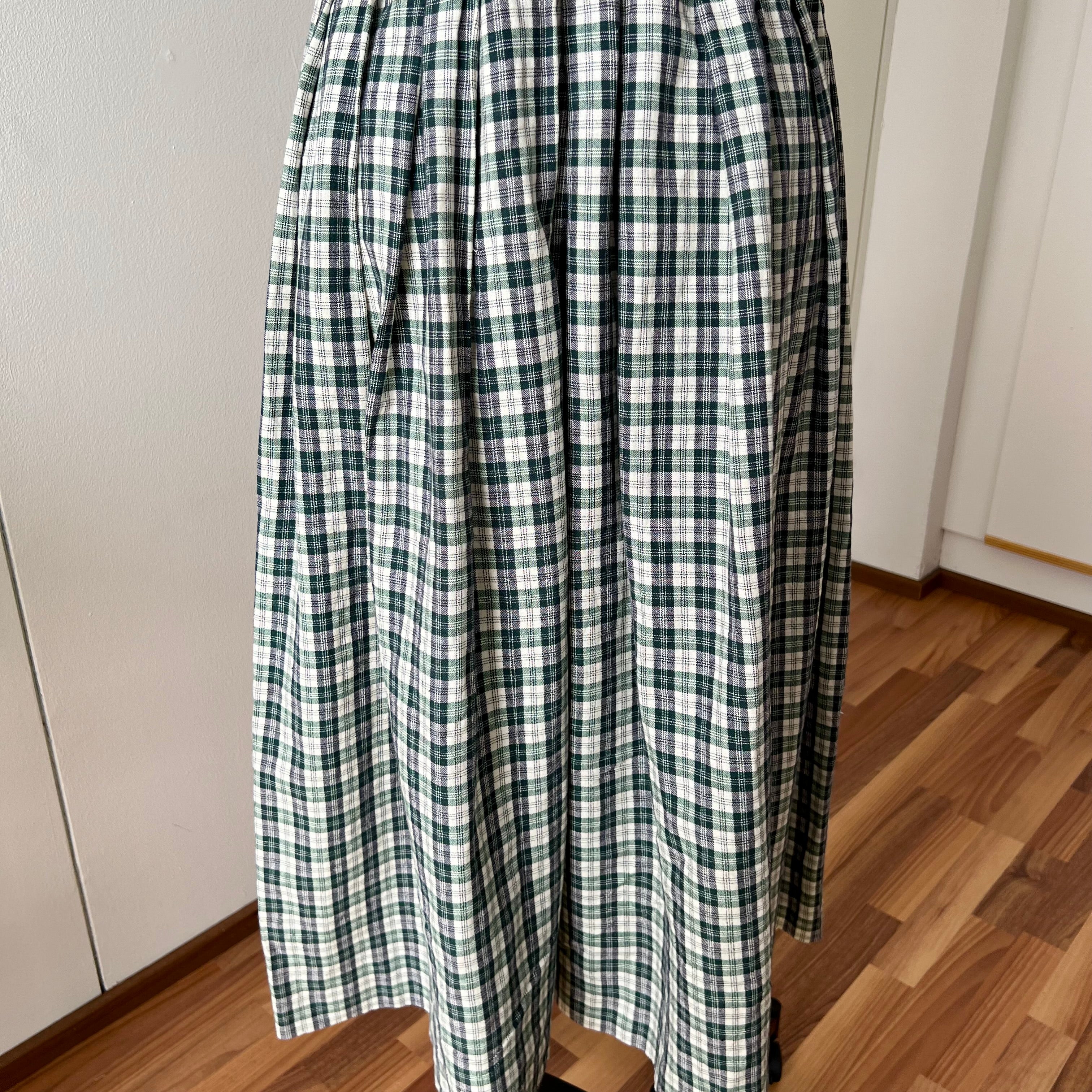 Vintage Green Plaid Cotton Trachten Dress-German Folk Checkered Midi Dress with Pockets