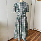 Vintage Green Plaid Cotton Trachten Dress-German Folk Checkered Midi Dress with Pockets