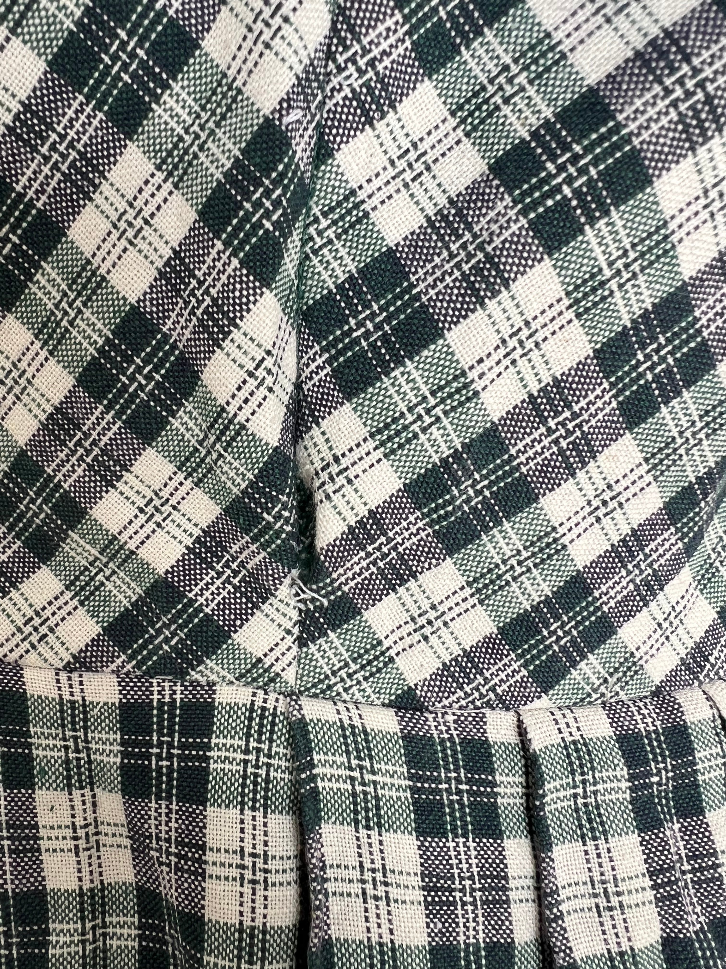 Vintage Green Plaid Cotton Trachten Dress-German Folk Checkered Midi Dress with Pockets