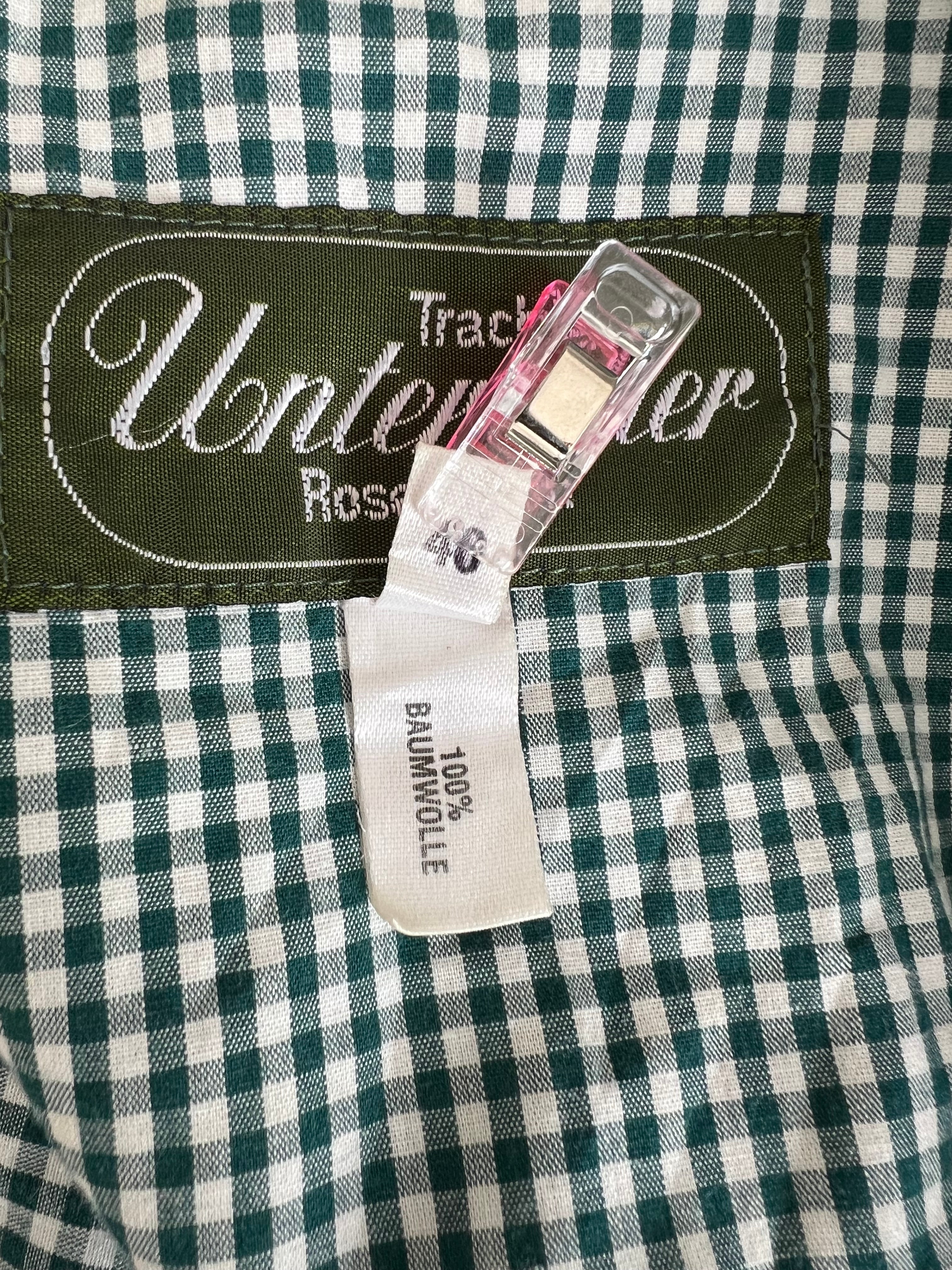 Vintage Green Plaid Cotton Trachten Dress-German Folk Checkered Midi Dress with Pockets