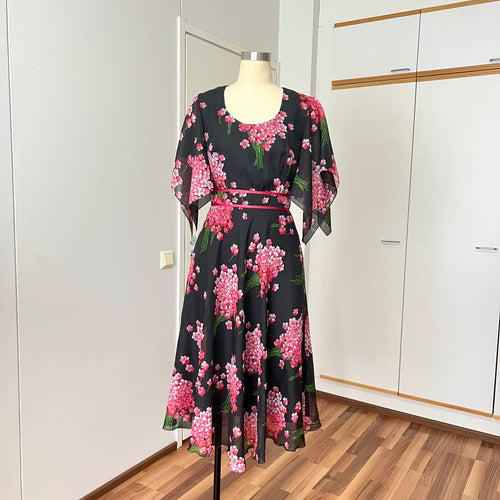 1970s Black Floral Fairy Midi Dress-Romantic Boho Garden Party Dress-Flutter Sleeves Tea Length Dress-70s Prairie Cocktail Dress Retro EU 40