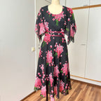 1970s Black Floral Fairy Midi Dress Romantic Boho Garden Party Flutter Sleeves Dress EU 40