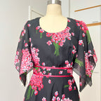 1970s Black Floral Fairy Midi Dress Romantic Boho Garden Party Flutter Sleeves Dress EU 40