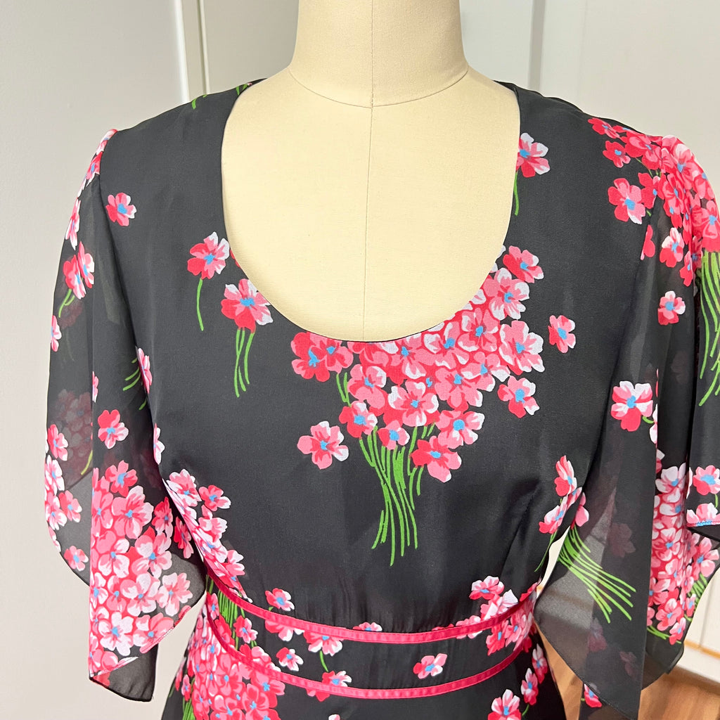 1970s Black Floral Fairy Midi Dress Romantic Boho Garden Party Flutter Sleeves Dress EU 40