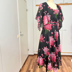 1970s Black Floral Fairy Midi Dress Romantic Boho Garden Party Flutter Sleeves Dress EU 40