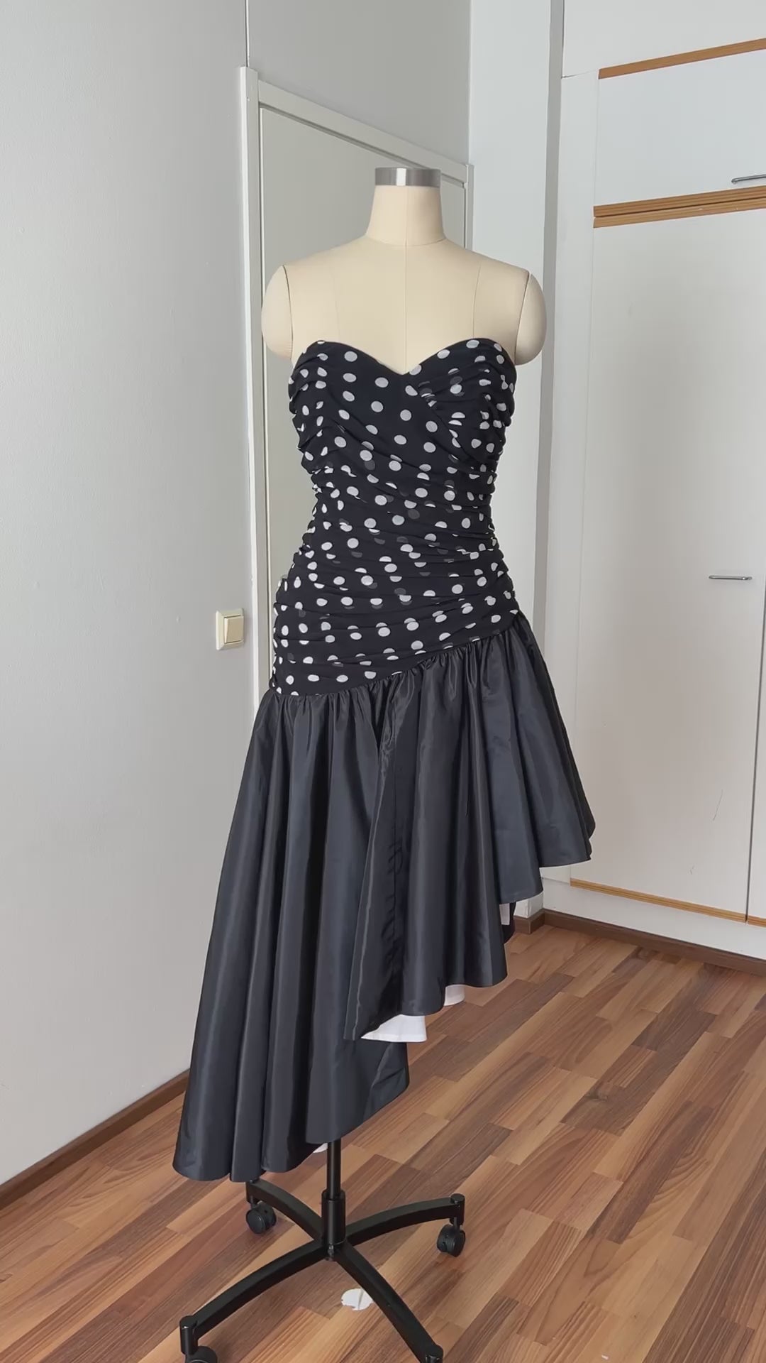 1980s Strapless Polka Dot Dress West Germany Asymmetrical Cocktail Party Gown EU 40