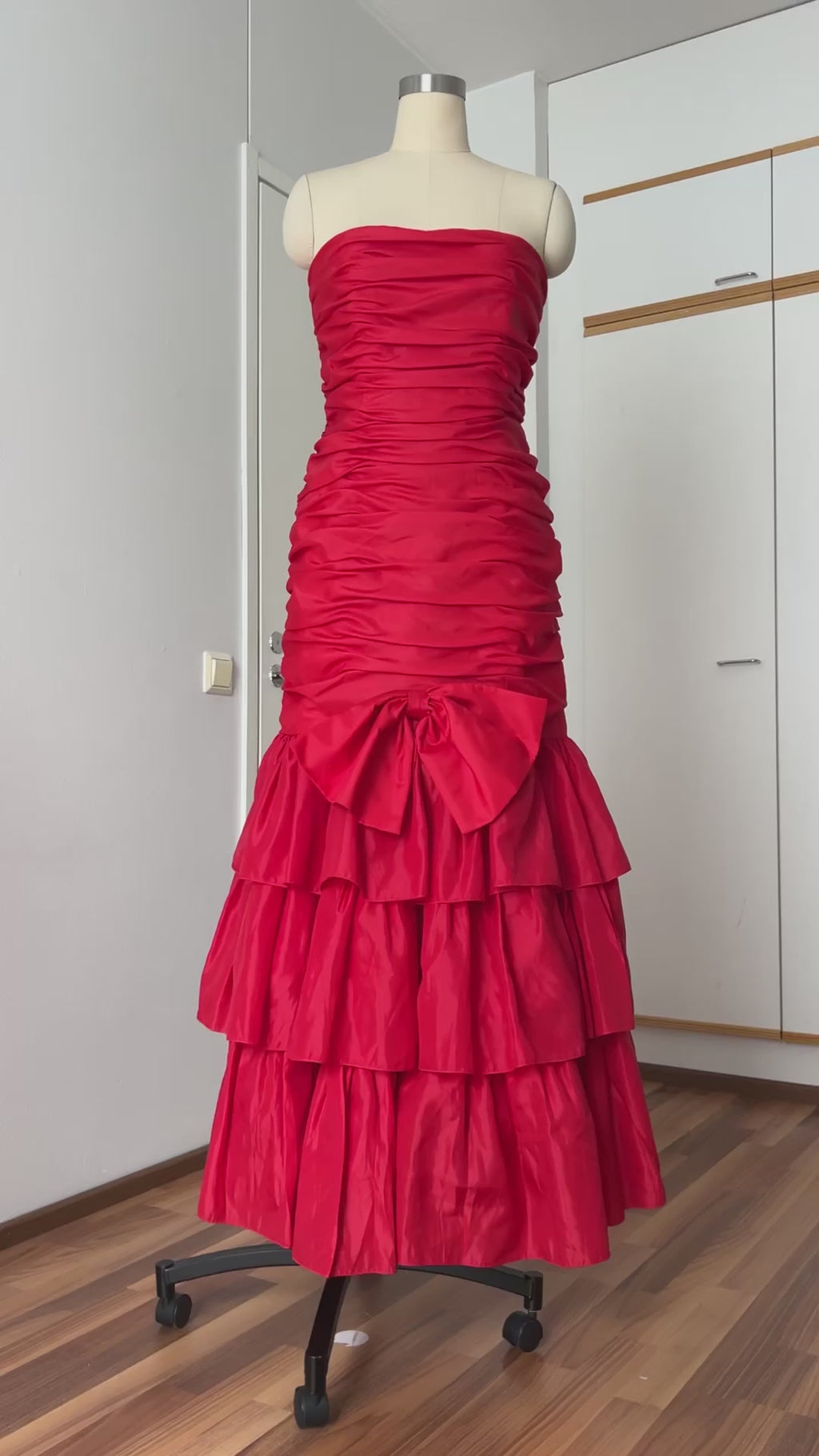 1980s JOHN CHARLES Red Strapless Gown Tiered Cocktail Drop Waist Prom Party