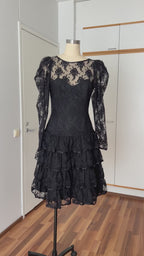 1980s Black Lace Party Dress Long Sleeves Whimsygoth Tiered  Ruffle Cocktail Dress