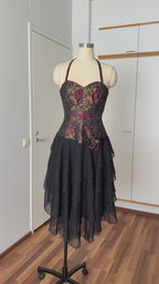 1980s Floral Brocade Halter Neck Dress Tiered Ruffles Cocktail Party Whimsy Evening Gown