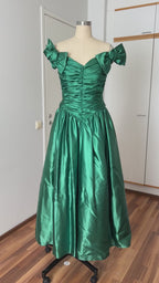 1980s JOHN CHARLES Green Prom Dress Off Shoulder Floor Length Drop Waist Metallic Ball Gown